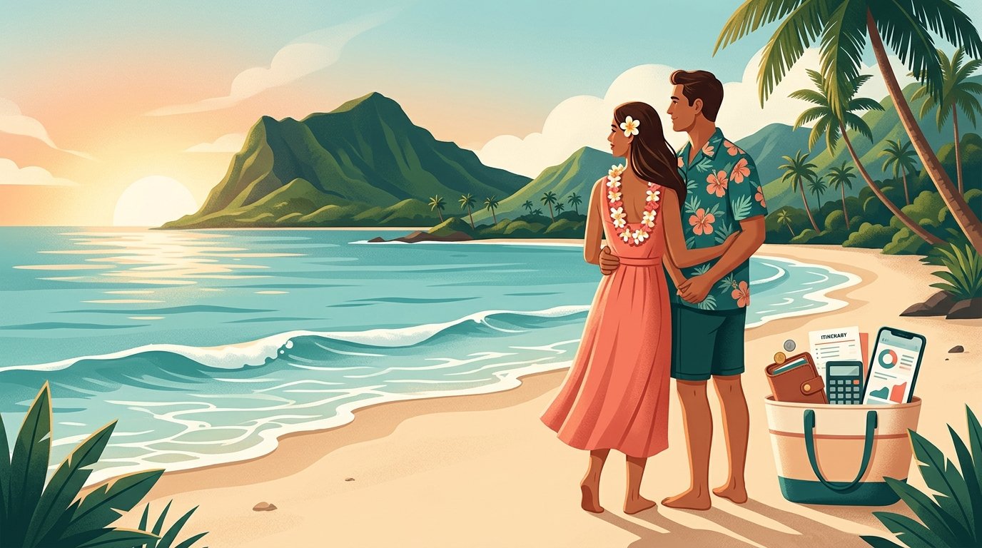 A newlywed couple stands on a Hawaiian beach beside travel and budgeting items, with the ocean and green mountains behind them.