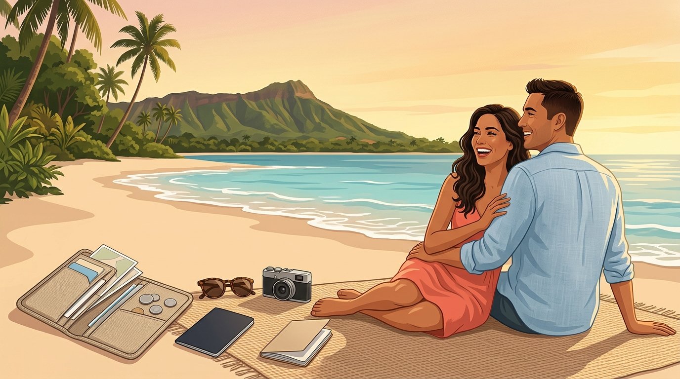 A newlywed couple enjoys a sunset beach in Hawaii with tropical scenery and simple travel budgeting items nearby.