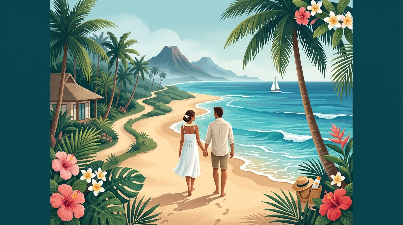 A newlywed couple walks hand in hand along a tropical Hawaiian beach with palm trees, mountains, and a sailboat in the distance.