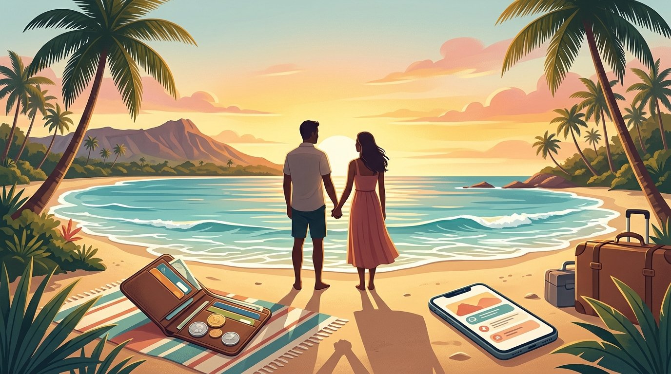 A couple stands on a Hawaiian beach at sunset beside luggage and simple travel-planning items.