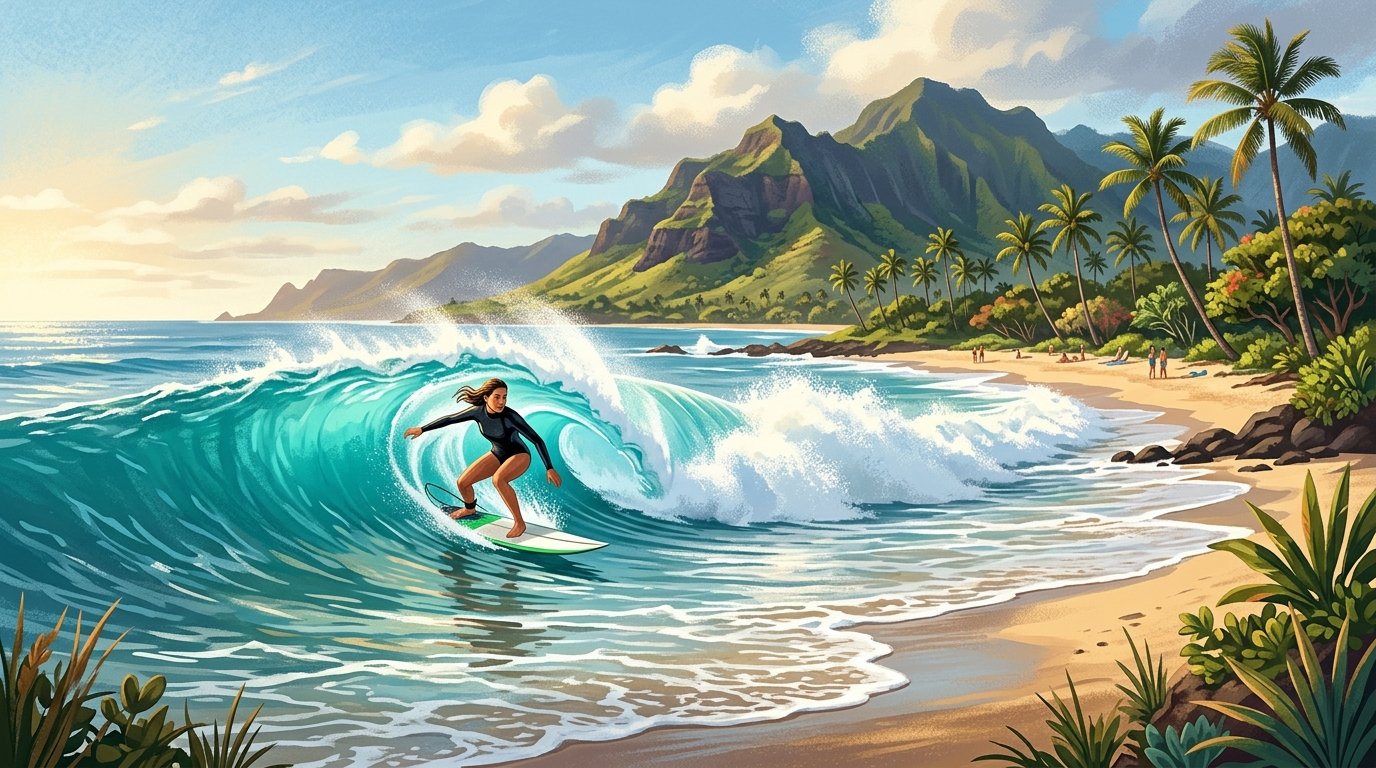 A surfer rides a turquoise wave off Poipu Beach, with palm trees, green hills, and golden sand along the Kauai shoreline.