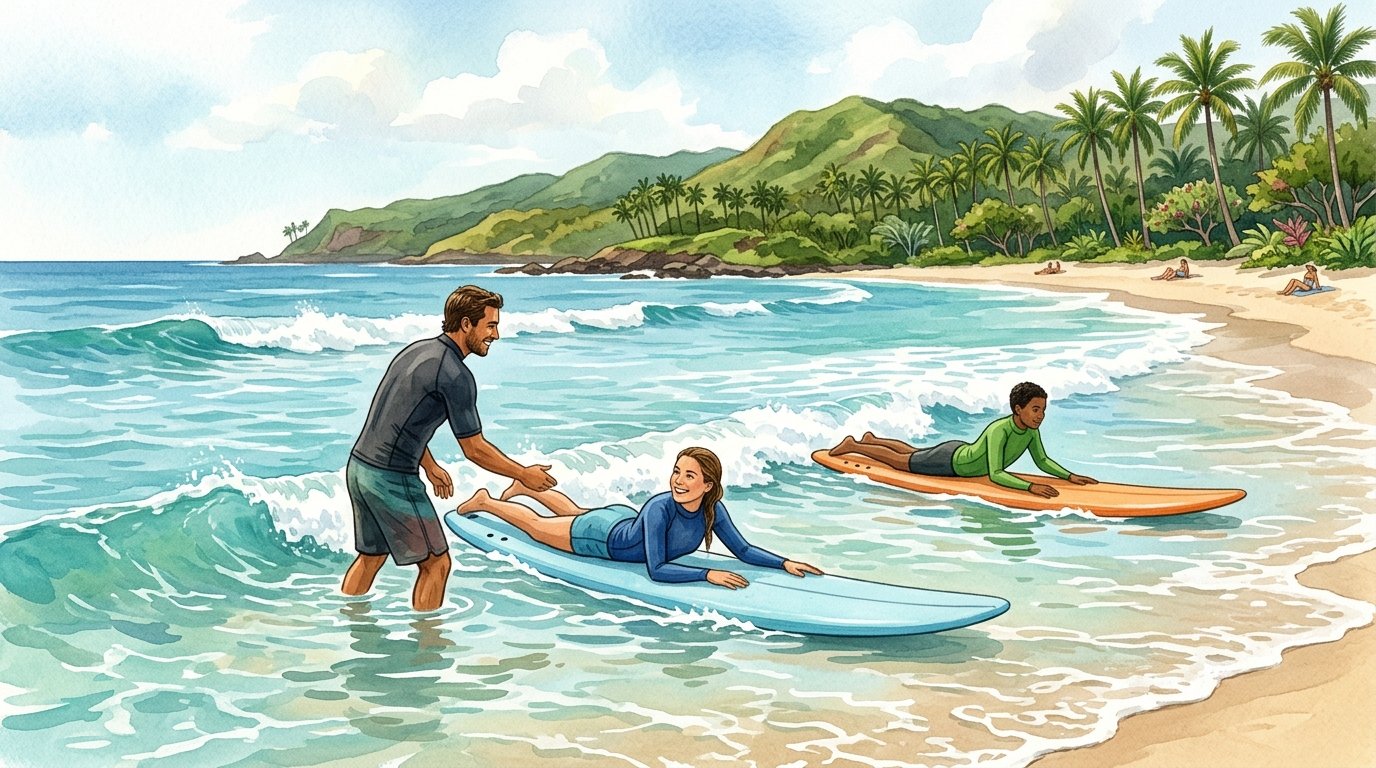 Beginner surfers practice on gentle waves at Poipu Beach in Kauai.