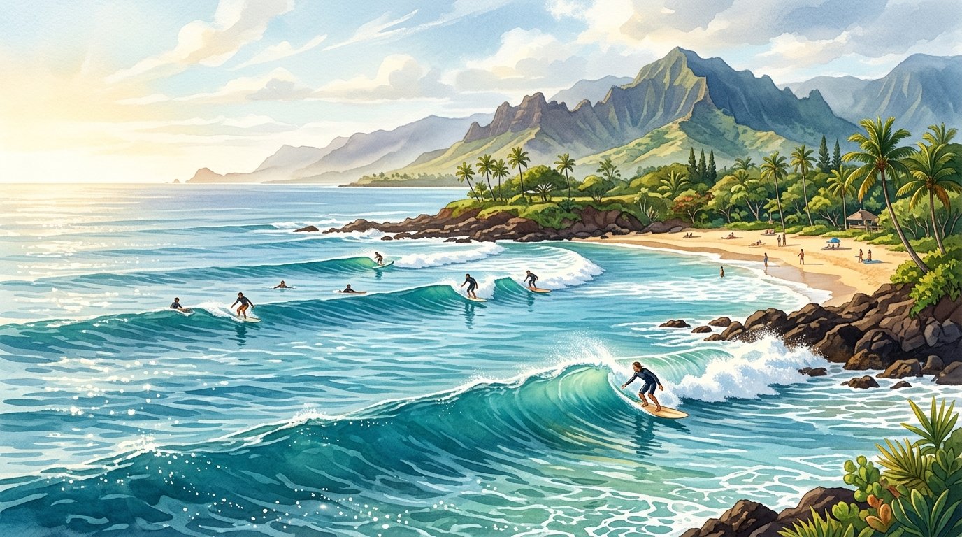 Surfers ride clean waves along the sunny tropical south shore of Kauai near Poipu.