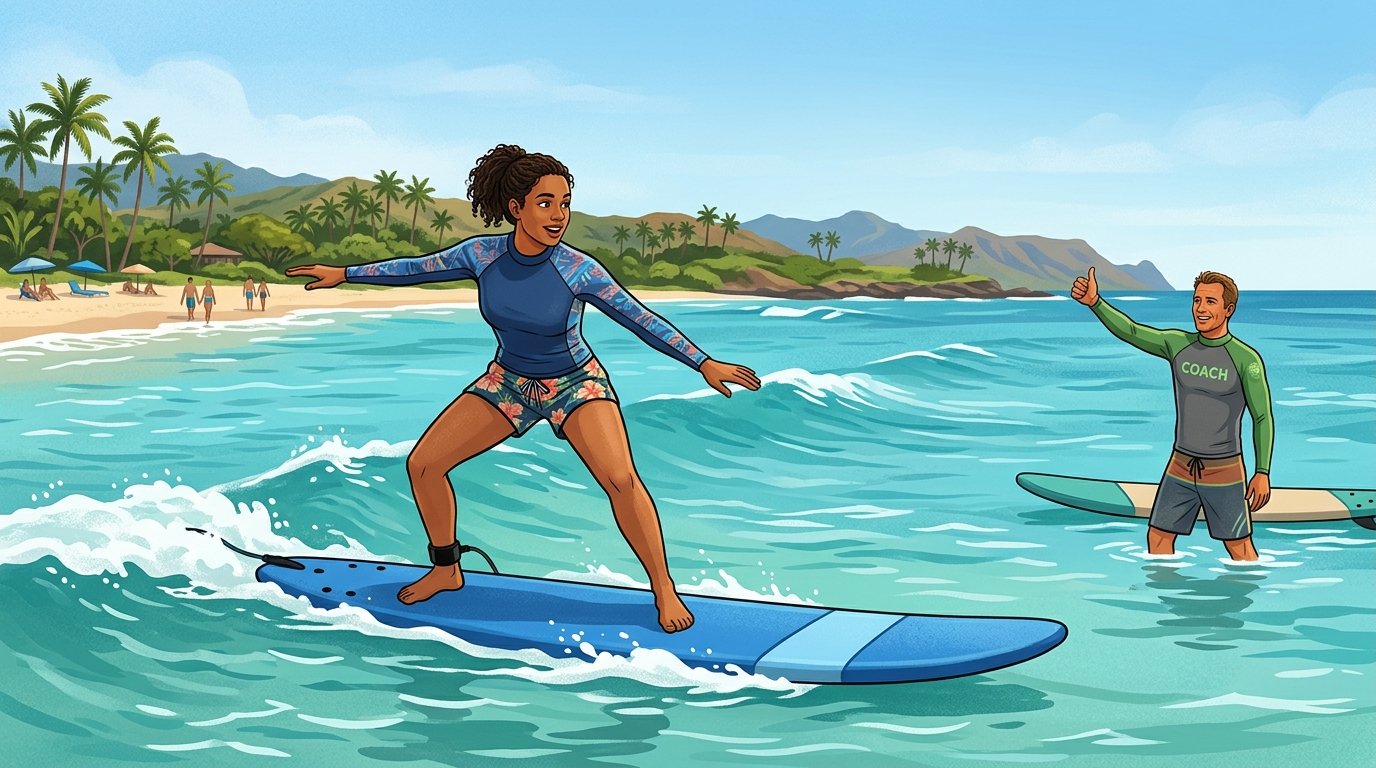 A beginner surfer practices riding a small wave near Poipu Beach while an instructor offers guidance in the shallow tropical water.