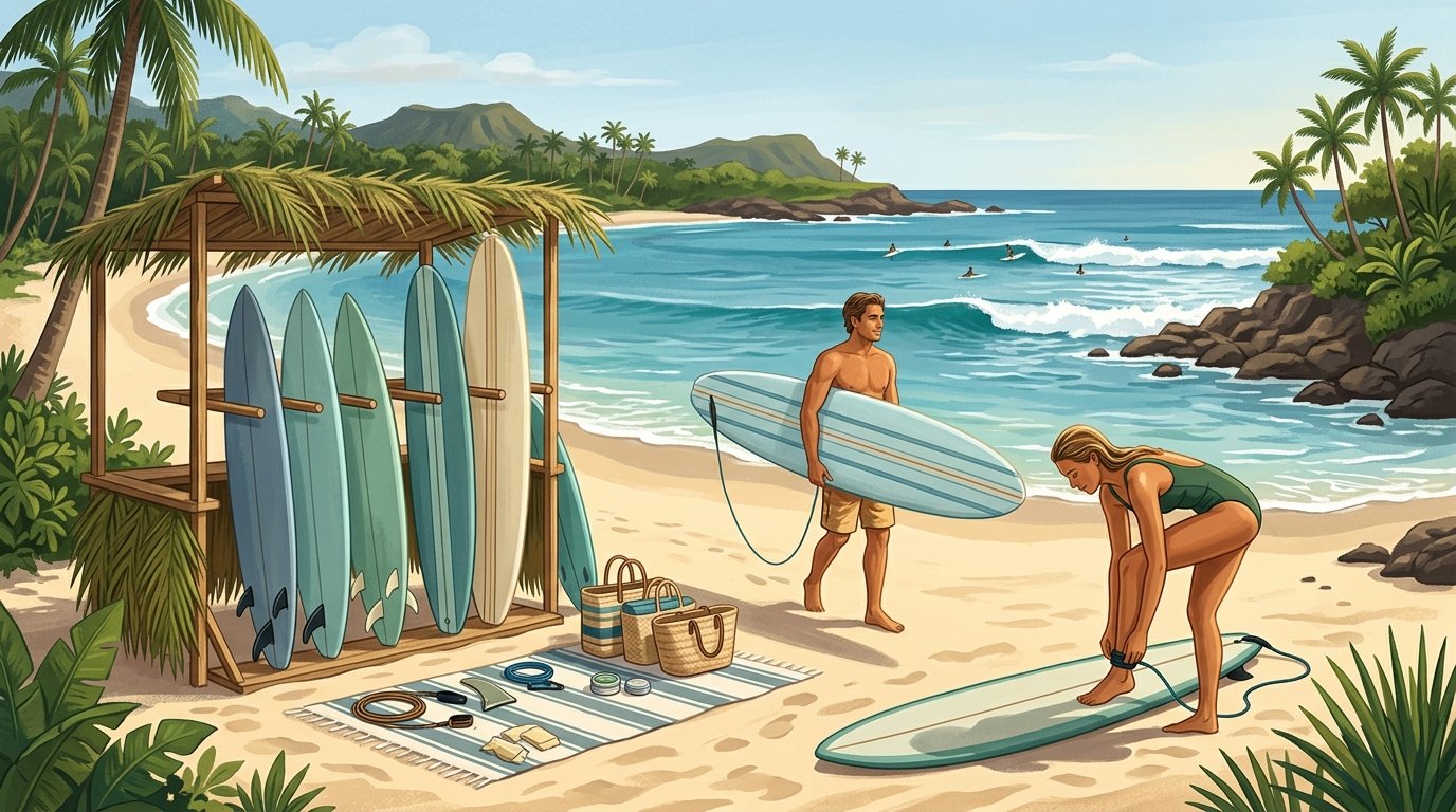 Surfers prepare rental boards and beach gear beside the turquoise shoreline of Poipu, Kauai.