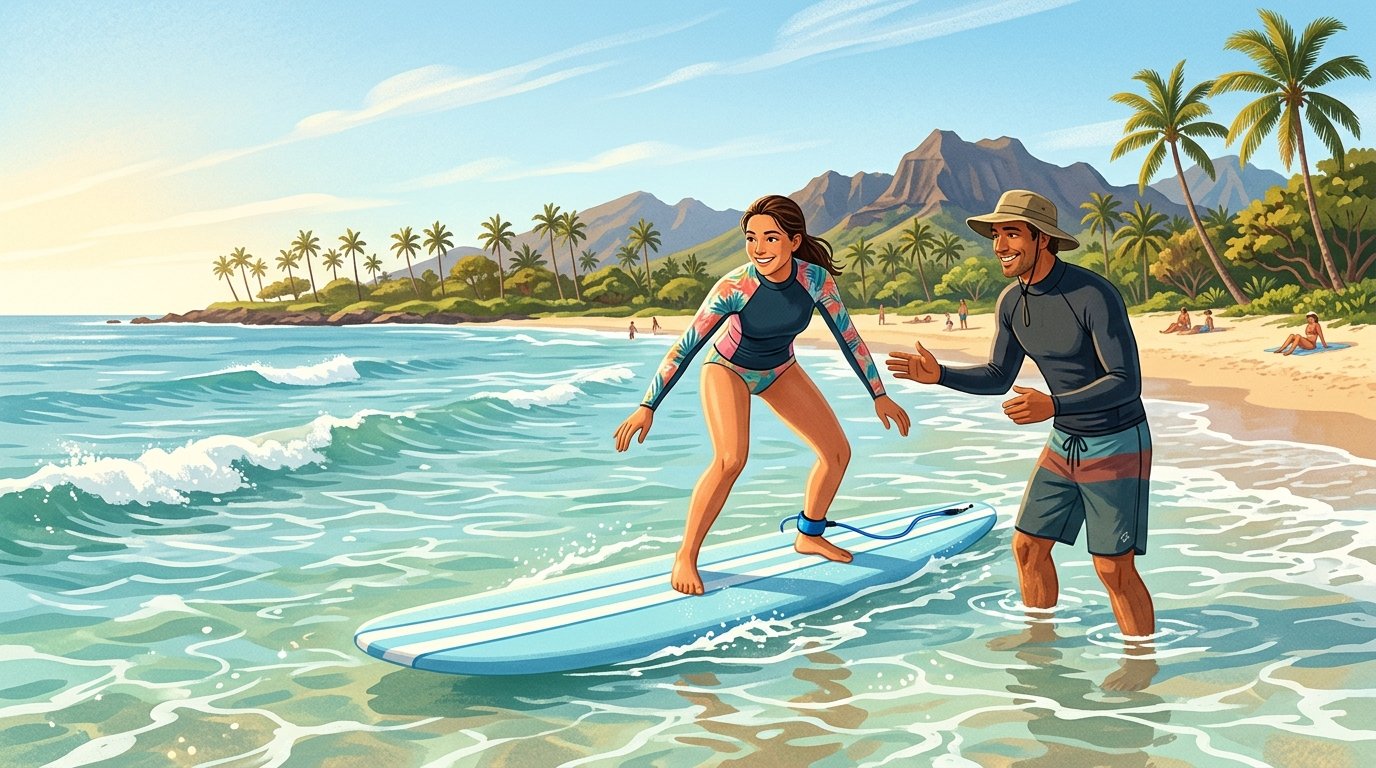 A beginner surfer practices in shallow water with an instructor at a sunny tropical beach on Kauai.
