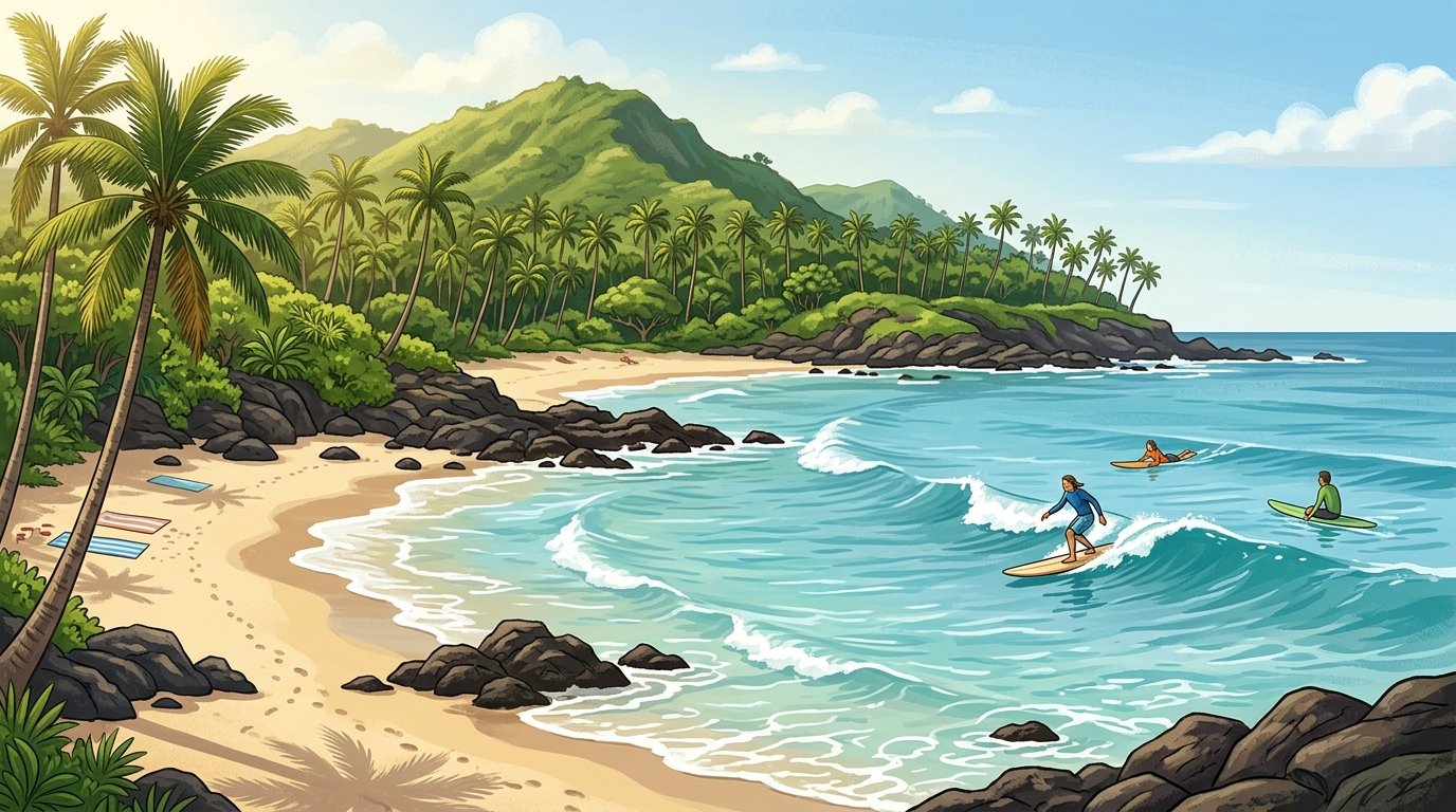 Surfers riding gentle waves along a tropical beach in Poipu, Kauai.