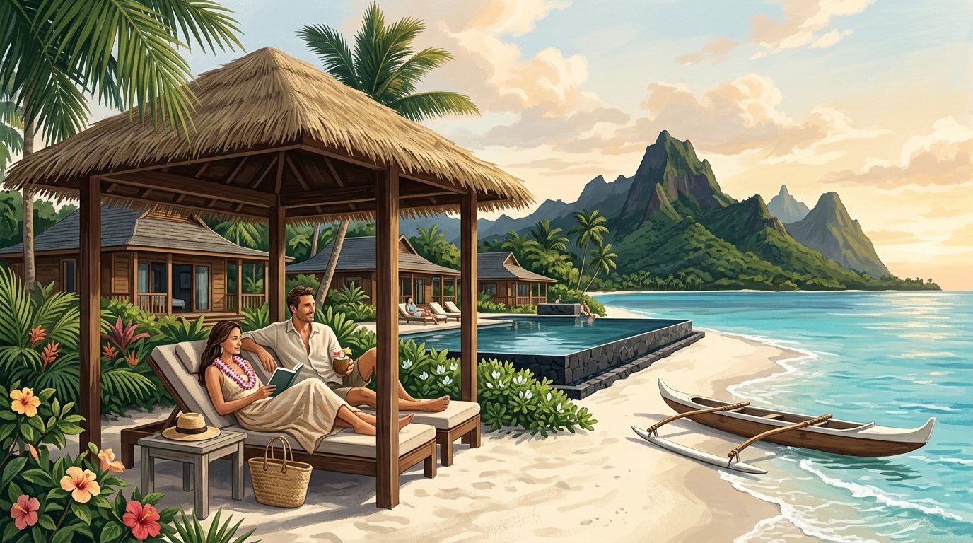An elegant adults-only Hawaiian resort beside a turquoise ocean, with a couple relaxing in a private cabana near an infinity pool.