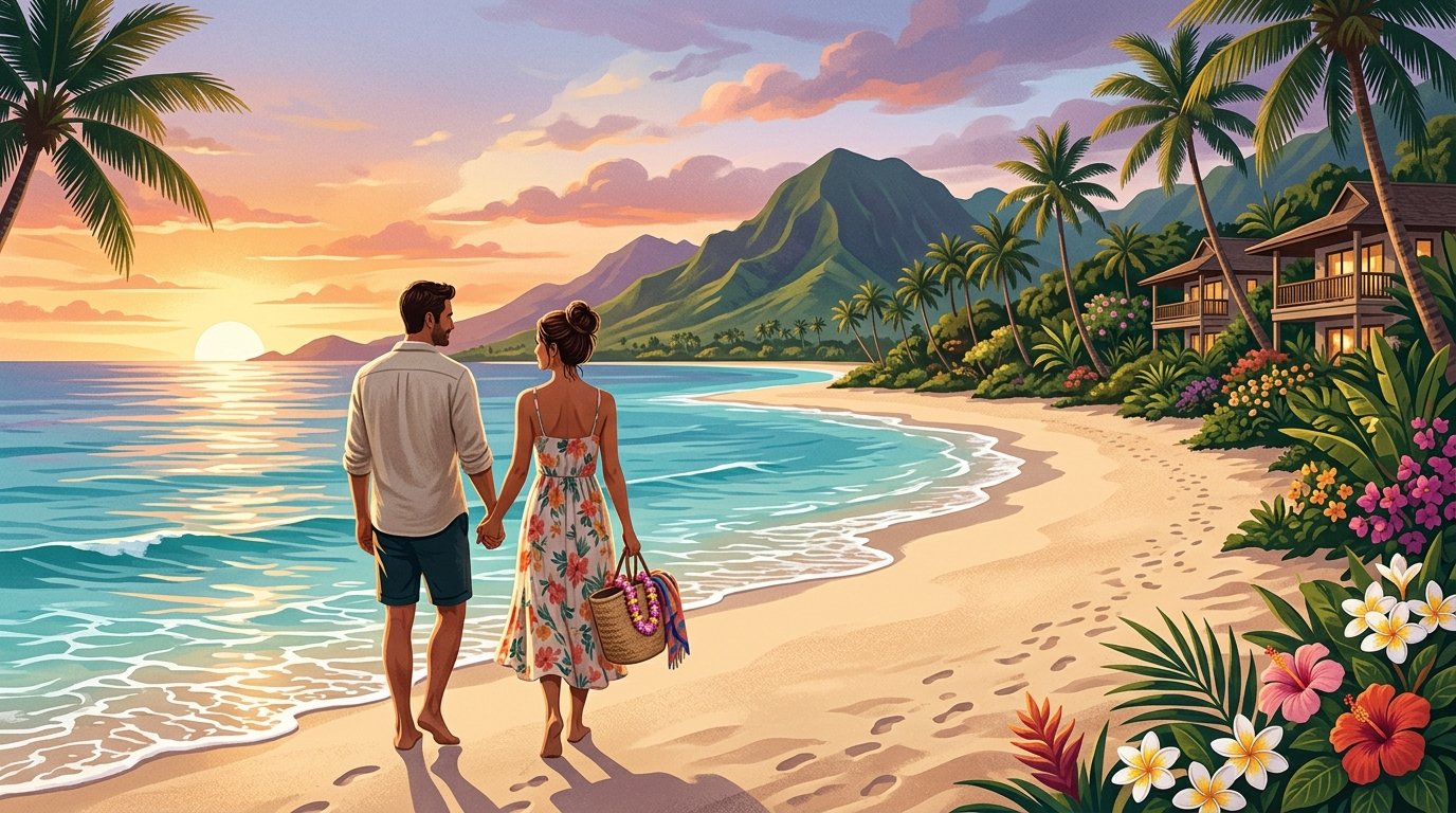 A couple walks hand in hand along a tropical Hawaiian beach at sunset with palm trees, ocean, and mountains in the background.
