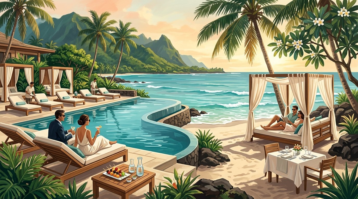 An upscale adults-only Hawaiian resort with couples relaxing by an infinity pool and on a quiet tropical beach.