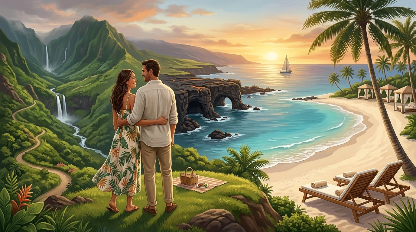 A couple overlooks a tropical Hawaiian landscape with beaches, mountains, waterfalls, and volcanic coastline at sunset.