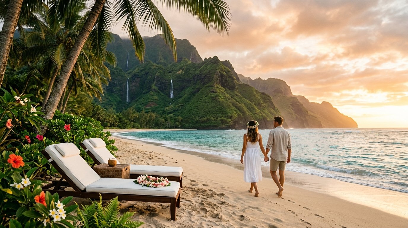 A couple walks hand in hand along a secluded Hawaiian beach at sunset, with palm trees, turquoise water, and green mountains with waterfalls in the background.