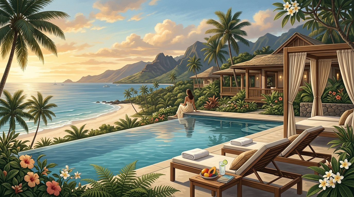 A quiet luxury Hawaiian resort with an infinity pool, private cabana, palm trees, and ocean views at sunset.