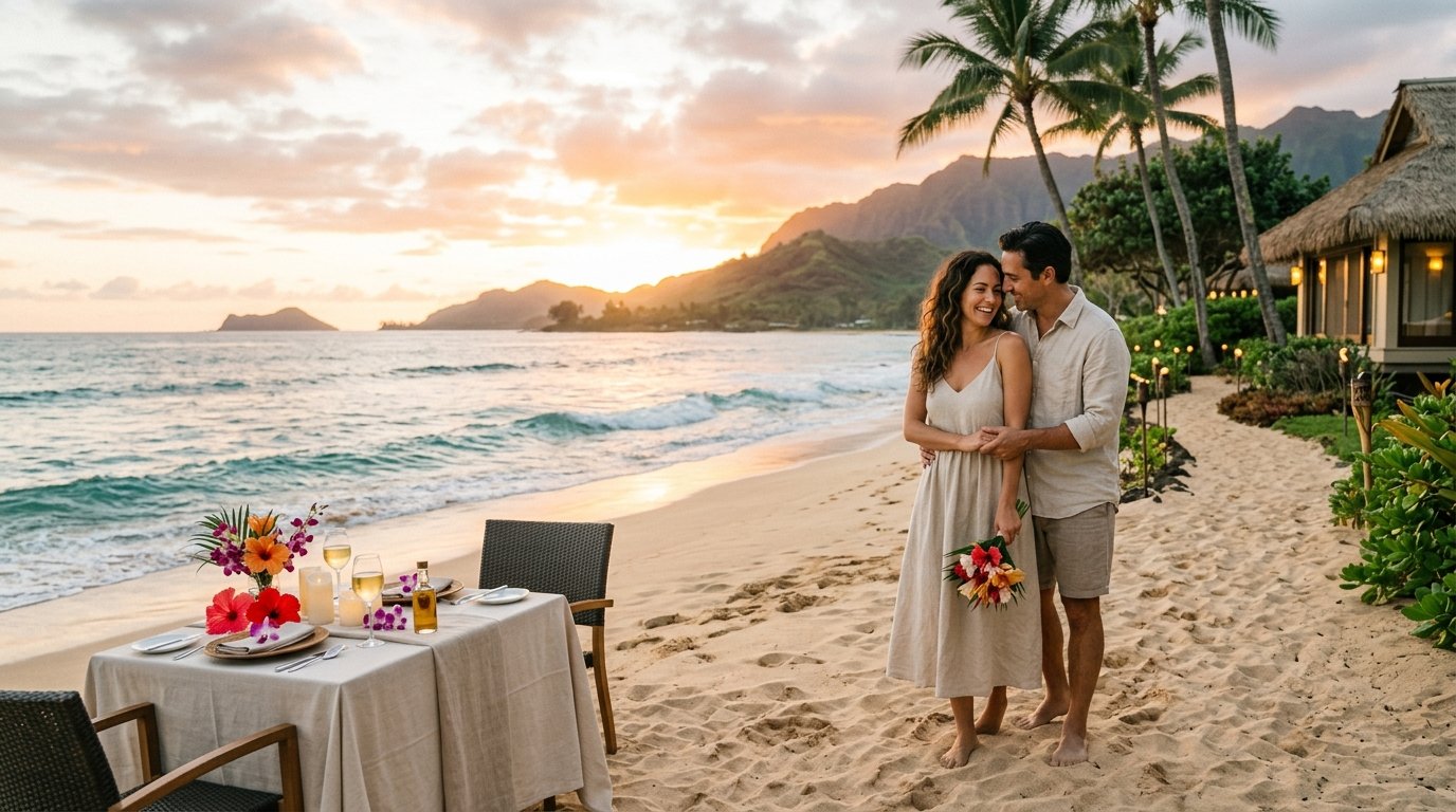 A couple enjoys a romantic sunset on a secluded Hawaiian beach near a tropical resort.