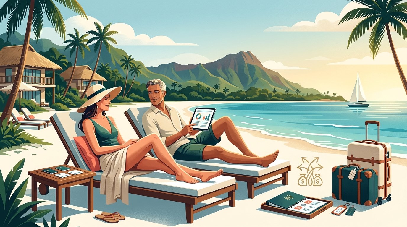 An adult couple compares resort options while relaxing on a quiet Hawaiian beach near a tropical resort.