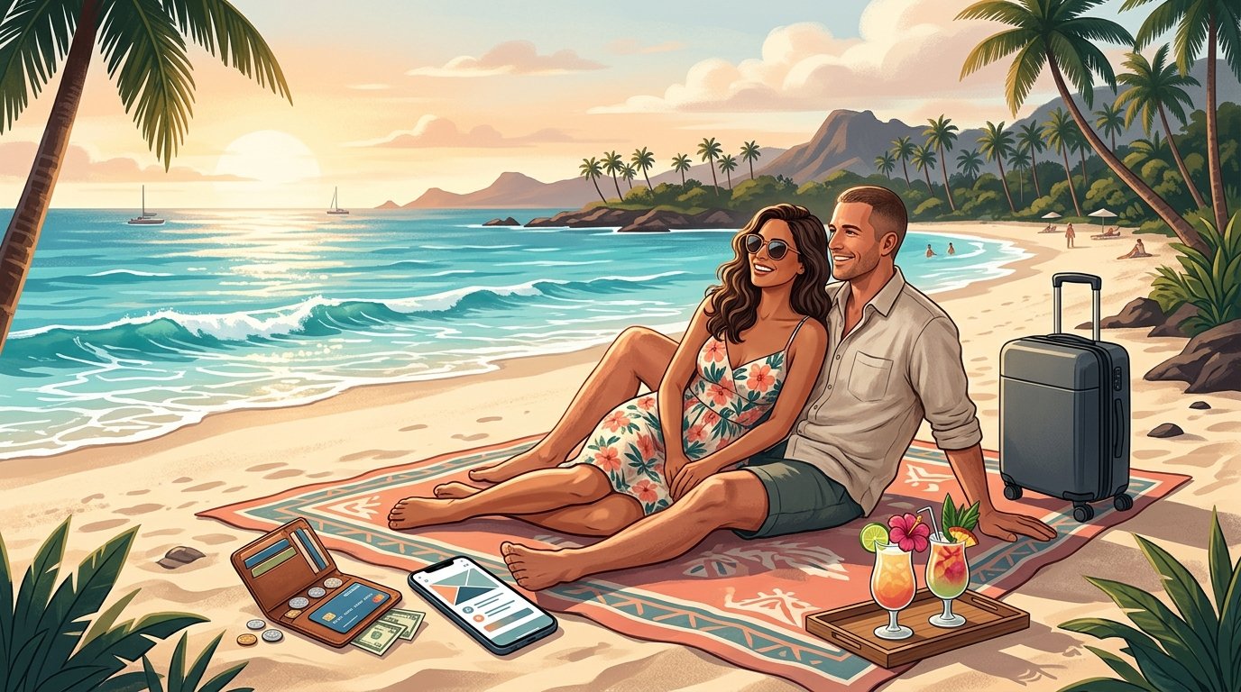 A couple relaxes on a Hawaiian beach beside travel-planning items, with tropical scenery and a sunset ocean view.
