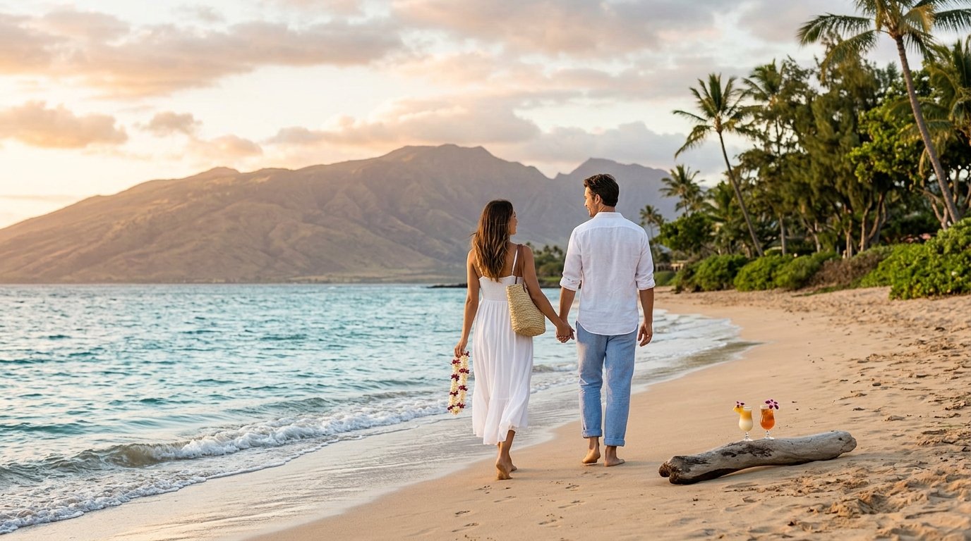 A couple walks hand in hand along a tropical Maui beach at sunset, with palm trees, turquoise water, and mountains in the background.