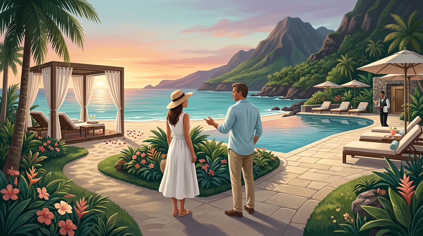 Two adults choose between a peaceful beach cabana and a luxurious pool at a tropical Hawaiian resort.