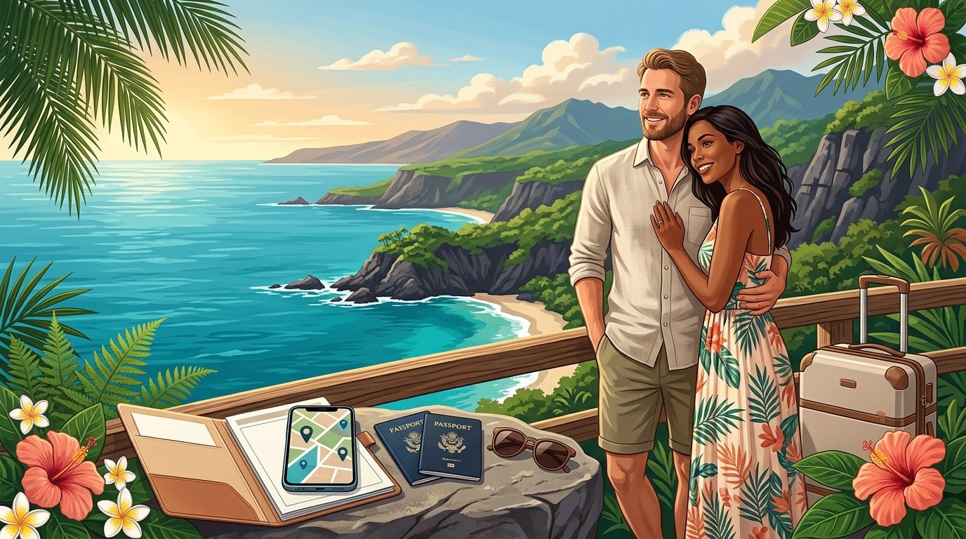 A couple stands together at a lush Hawaiian overlook with ocean views and travel items beside them.