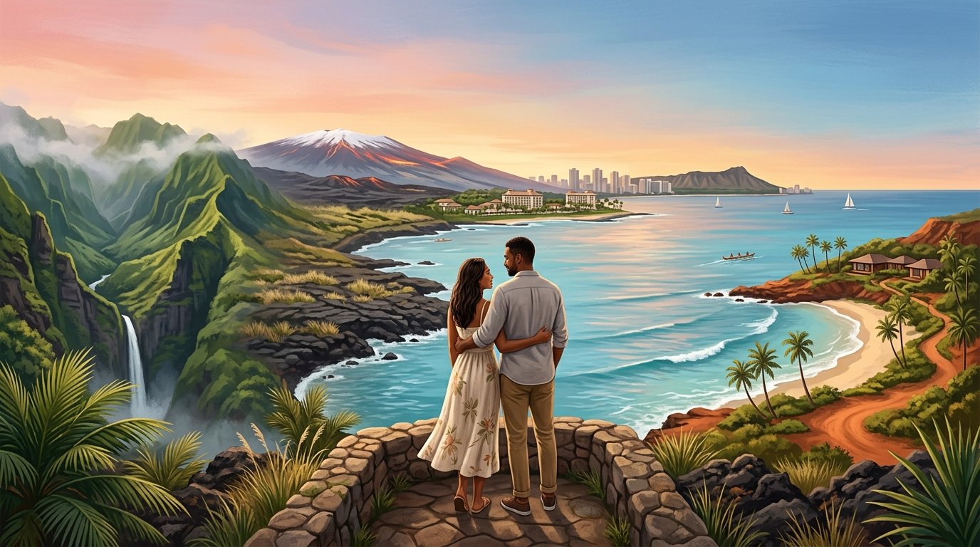 A honeymooning couple overlooks a tropical Hawaiian coastline surrounded by lush mountains, volcanic terrain, resort scenery, and a quiet secluded cove.