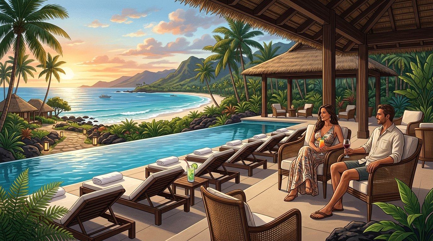 A luxurious adults-only Hawaiian resort with an infinity pool, tropical landscaping, ocean views, and two adults relaxing by the water.