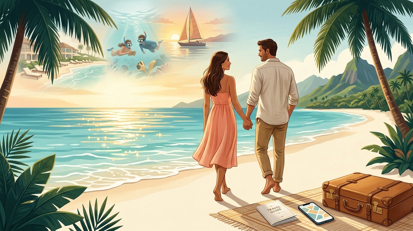 A couple walks hand in hand along a tropical Hawaiian beach beside vacation travel items.