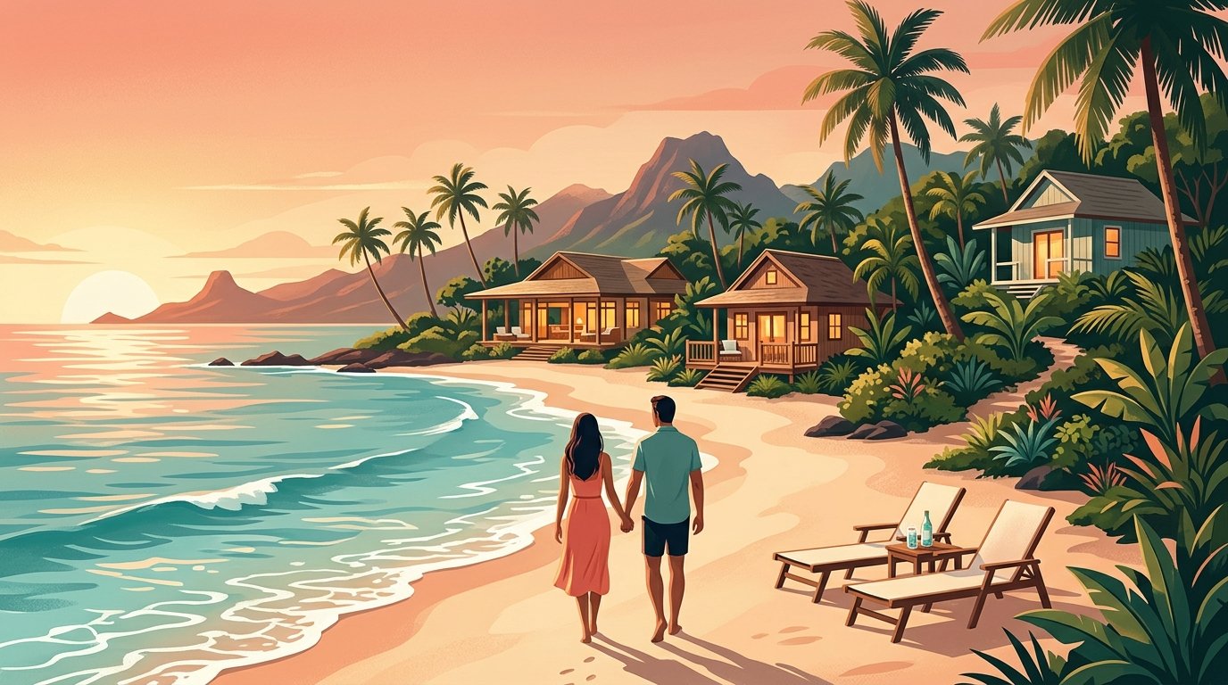 A couple walks hand in hand along a tropical Hawaiian beach toward romantic oceanfront accommodations at sunset.