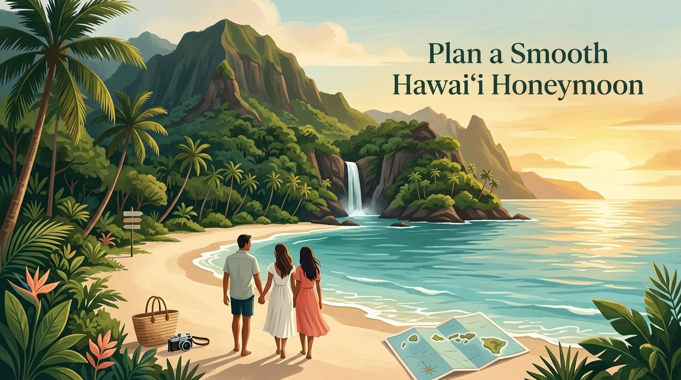 A newlywed couple walks hand in hand along a tropical Hawaiian beach with mountains, palms, and turquoise ocean.
