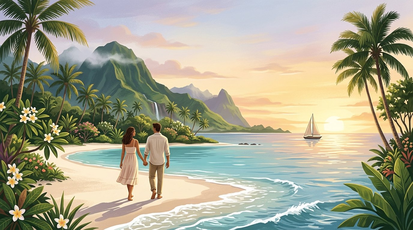 A newlywed couple walks hand in hand along a tropical Hawaiian beach at sunset, with a lagoon, lush mountains, and a sailboat in the distance.