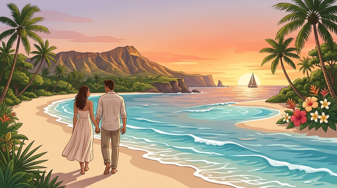 A honeymooning couple walks hand in hand along a tropical Hawaiian beach at sunset.