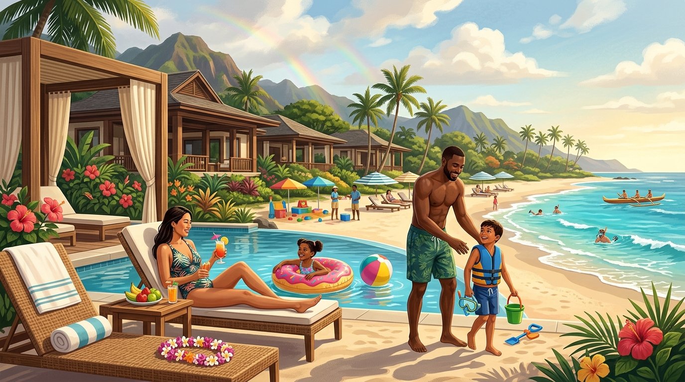 A family relaxing at a tropical Hawaiian beachfront resort with a pool, palm trees, turquoise water, and mountains in the background.