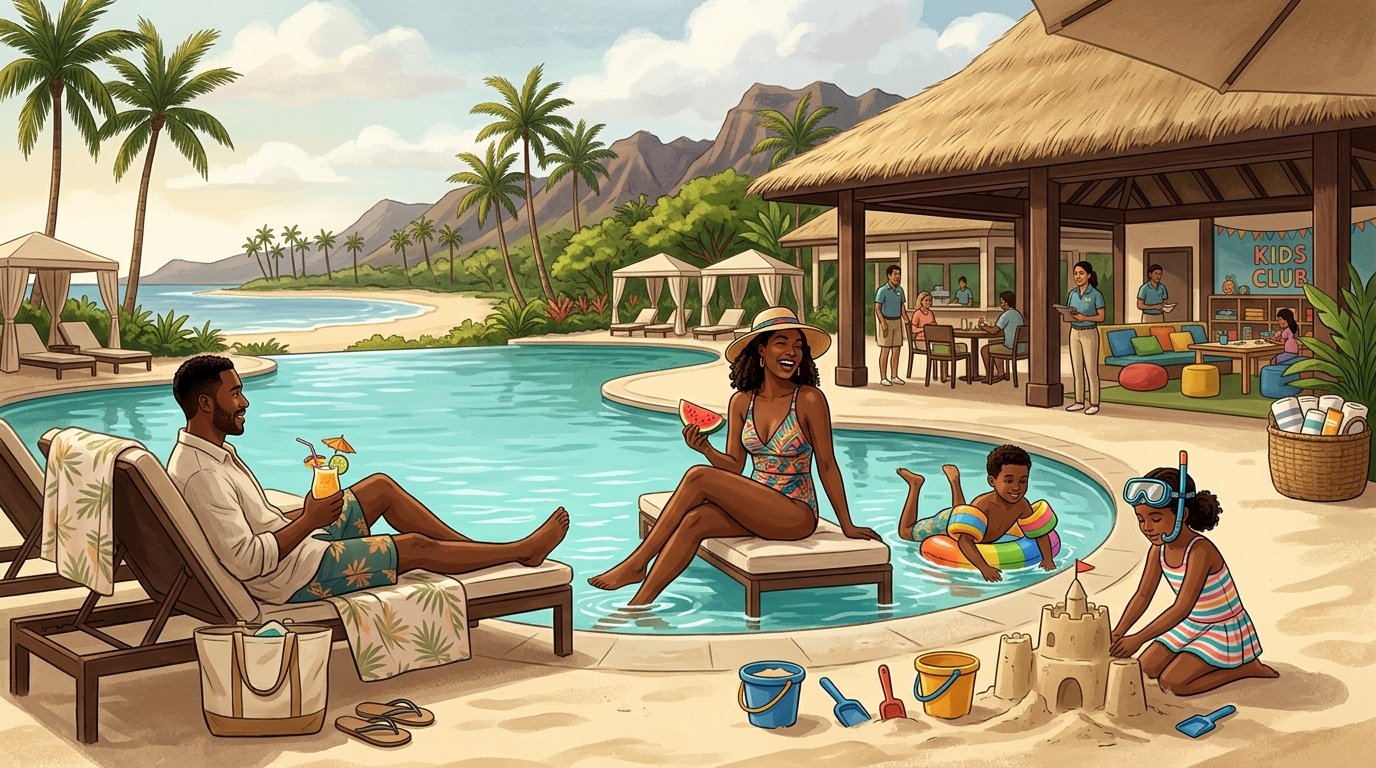 A family enjoys a tropical Hawaiian resort with a pool, beach, palm trees, and mountains in the background.