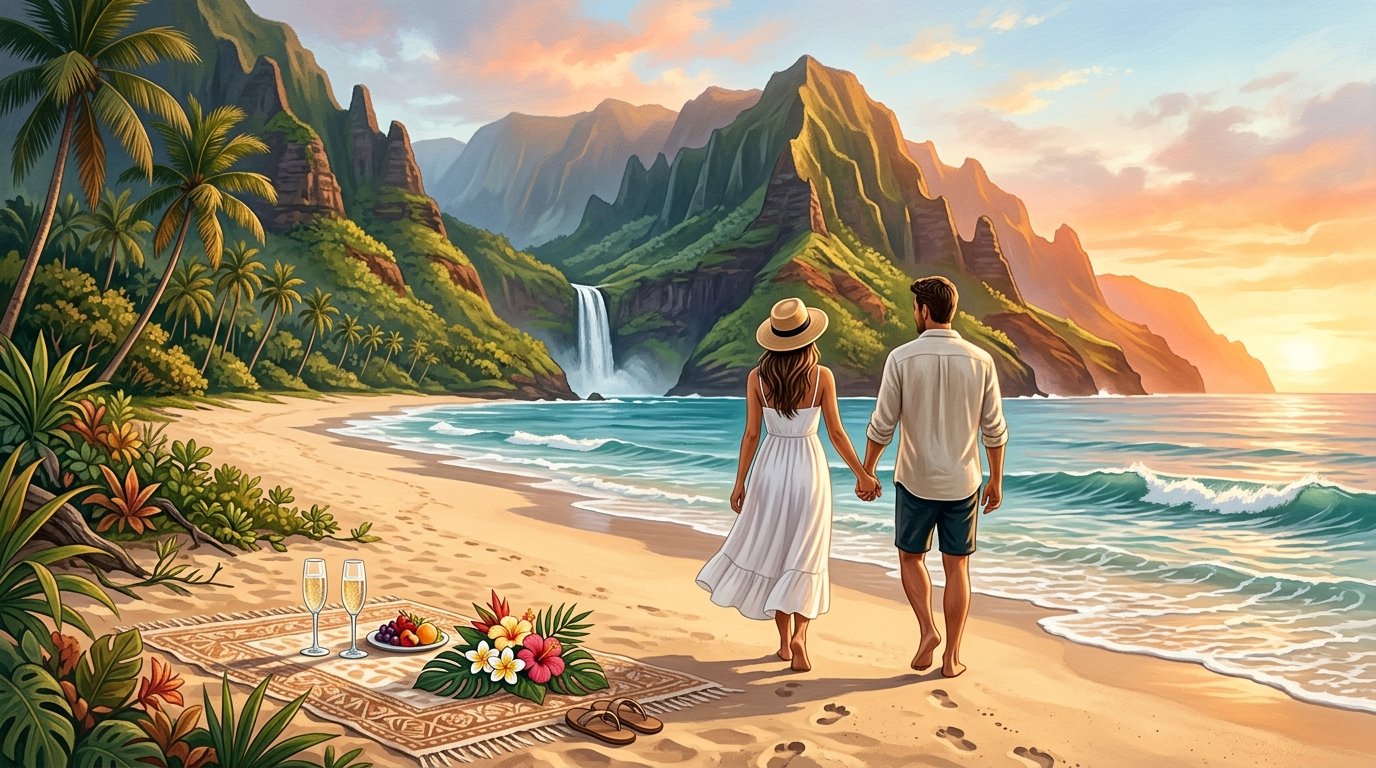 A couple walks hand in hand along a tropical Kauai beach at sunset, surrounded by cliffs, greenery, and a distant waterfall.
