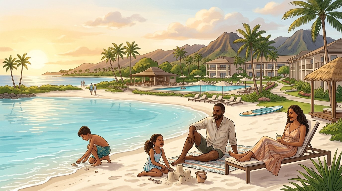 A family relaxing together at a tropical Hawaiian beachfront resort with palm trees, a pool, and mountains in the background.