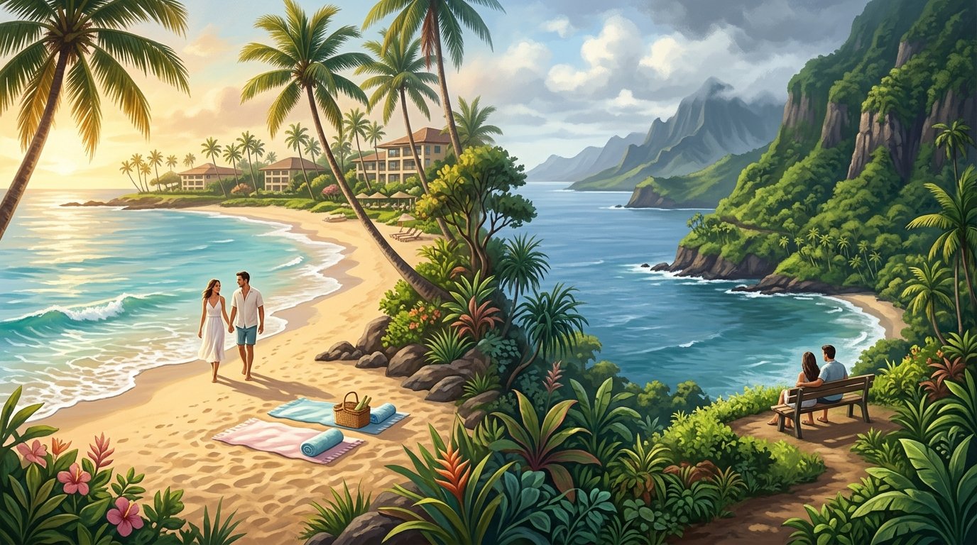 A honeymoon couple explores a split tropical landscape showing sunny Poipu beach on one side and Kauai's lush, dramatic North Shore on the other.
