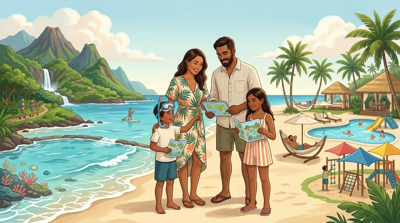 A family stands together on a sunny Hawaiian beach with a tropical island, resort, pool, and ocean activities in the background.