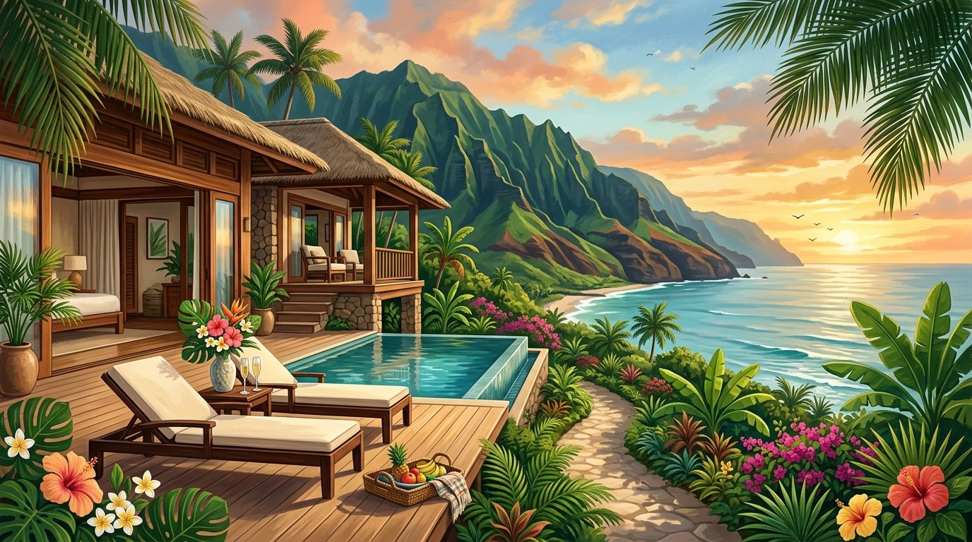 A secluded luxury bungalow with a private pool overlooking Kauai's green mountains and the Pacific Ocean at sunset.