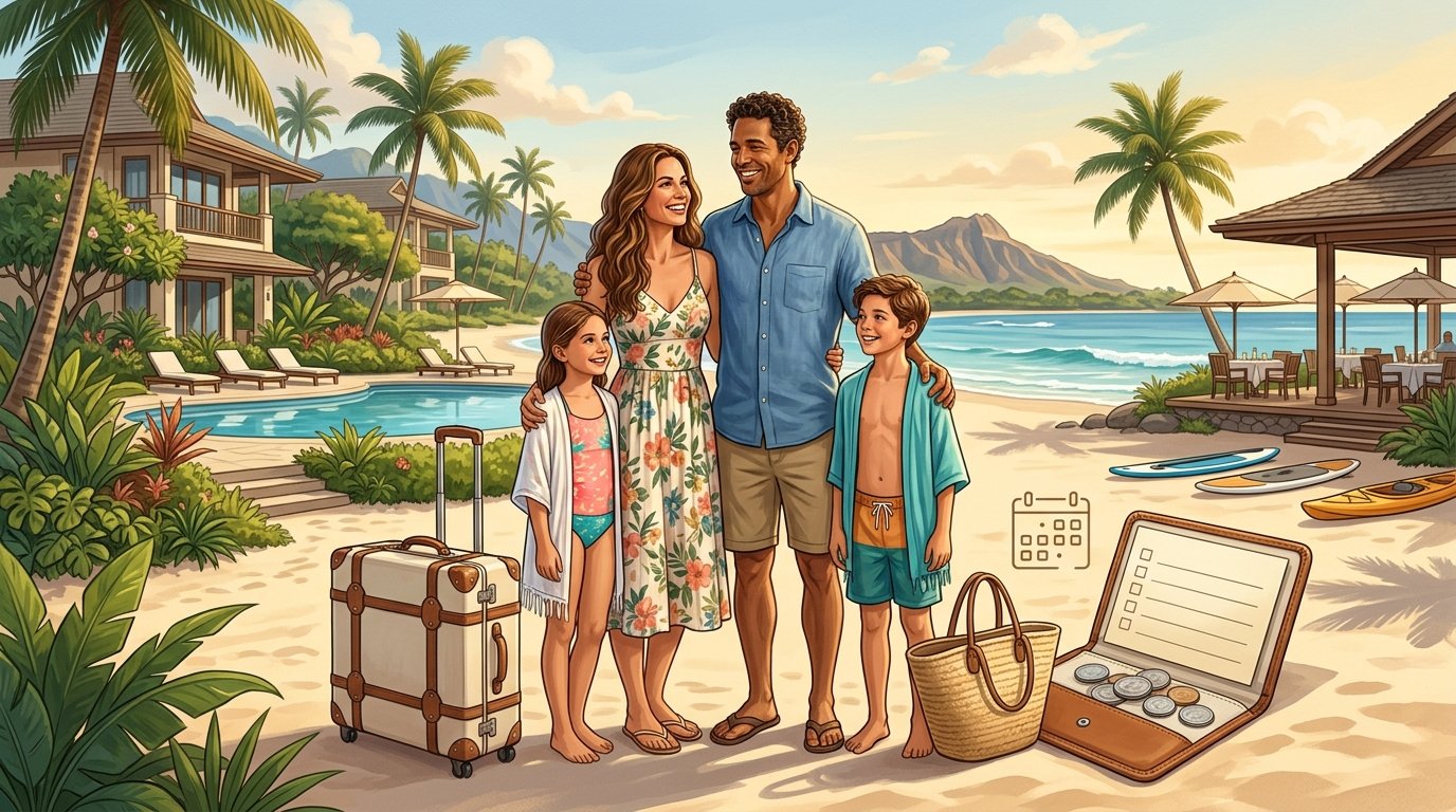 A family stands beside a tropical Hawaiian resort with a beach, pool, suitcase, and simple vacation planning items.