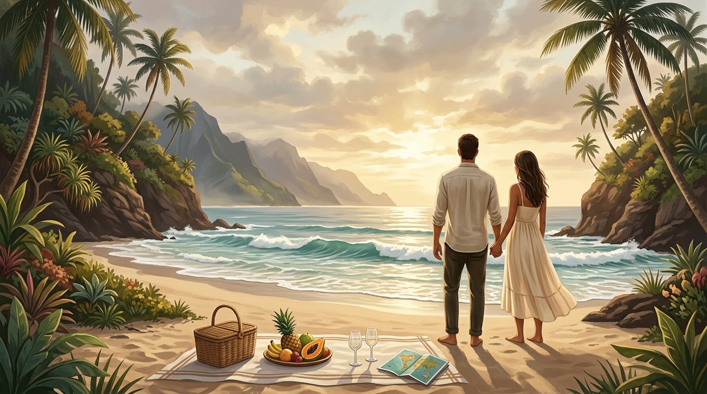A newlywed couple holds hands on a secluded Kauai beach at sunset, surrounded by tropical greenery and ocean views.