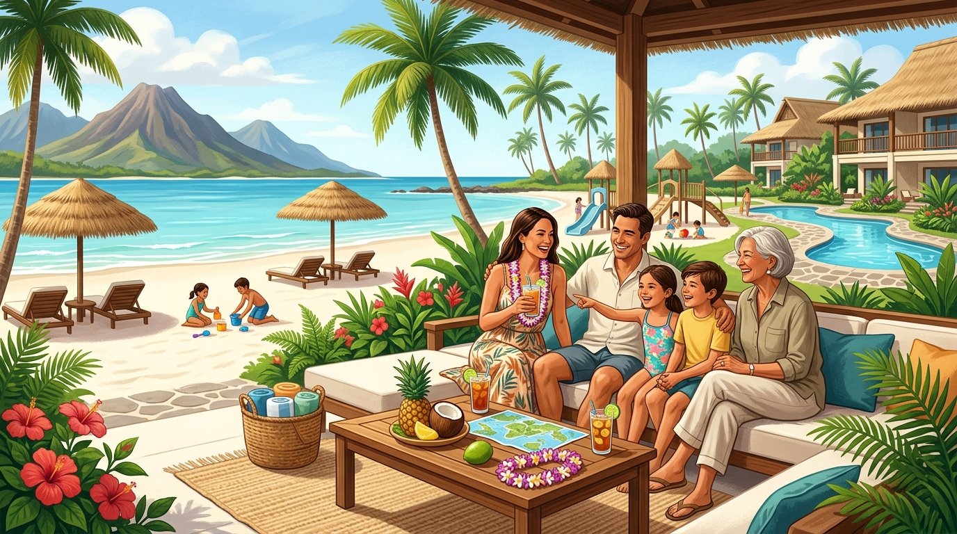A multigenerational family relaxing together at a tropical Hawaiian beachfront resort.