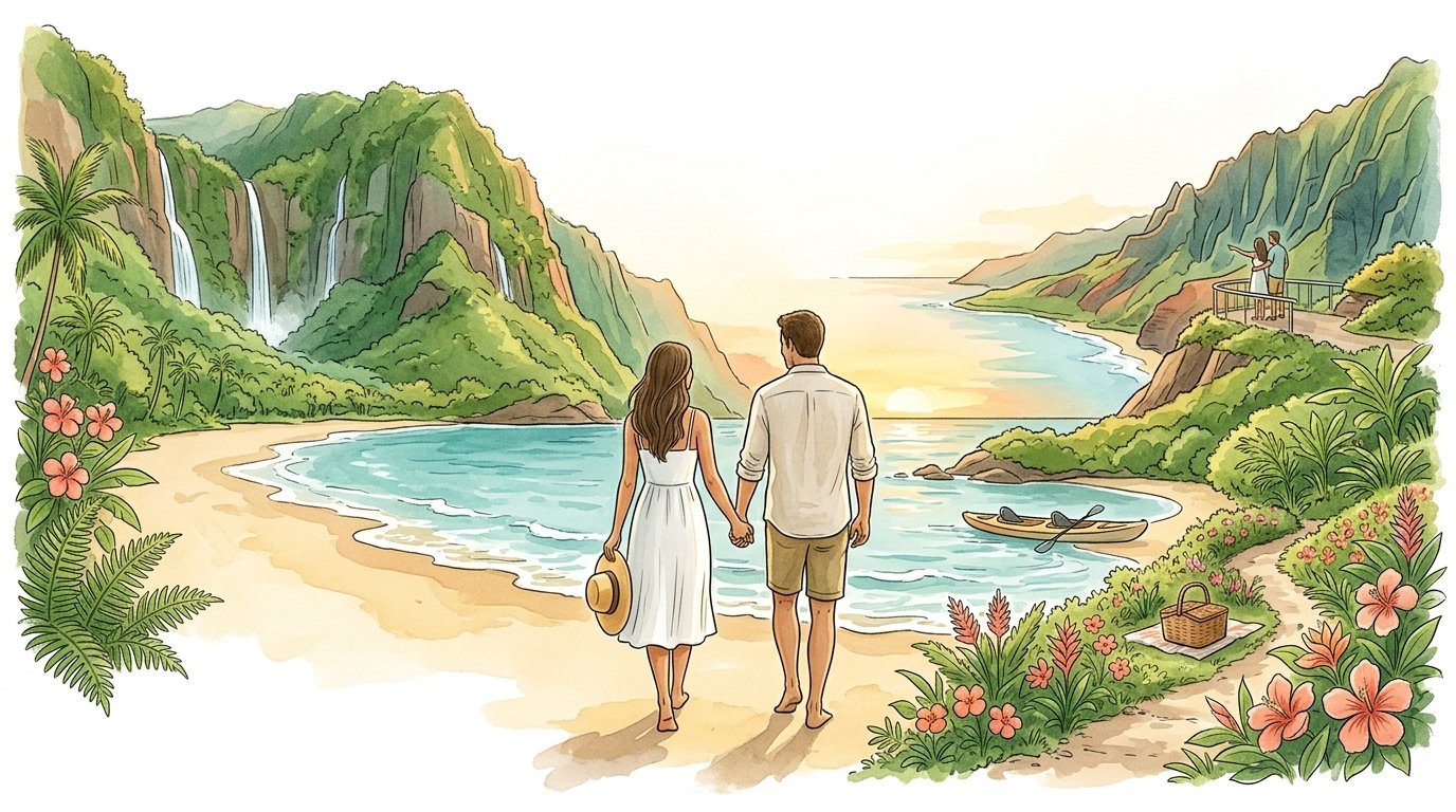 A couple walks hand in hand along a peaceful Kauai beach surrounded by tropical greenery, cliffs, waterfalls, and ocean views.