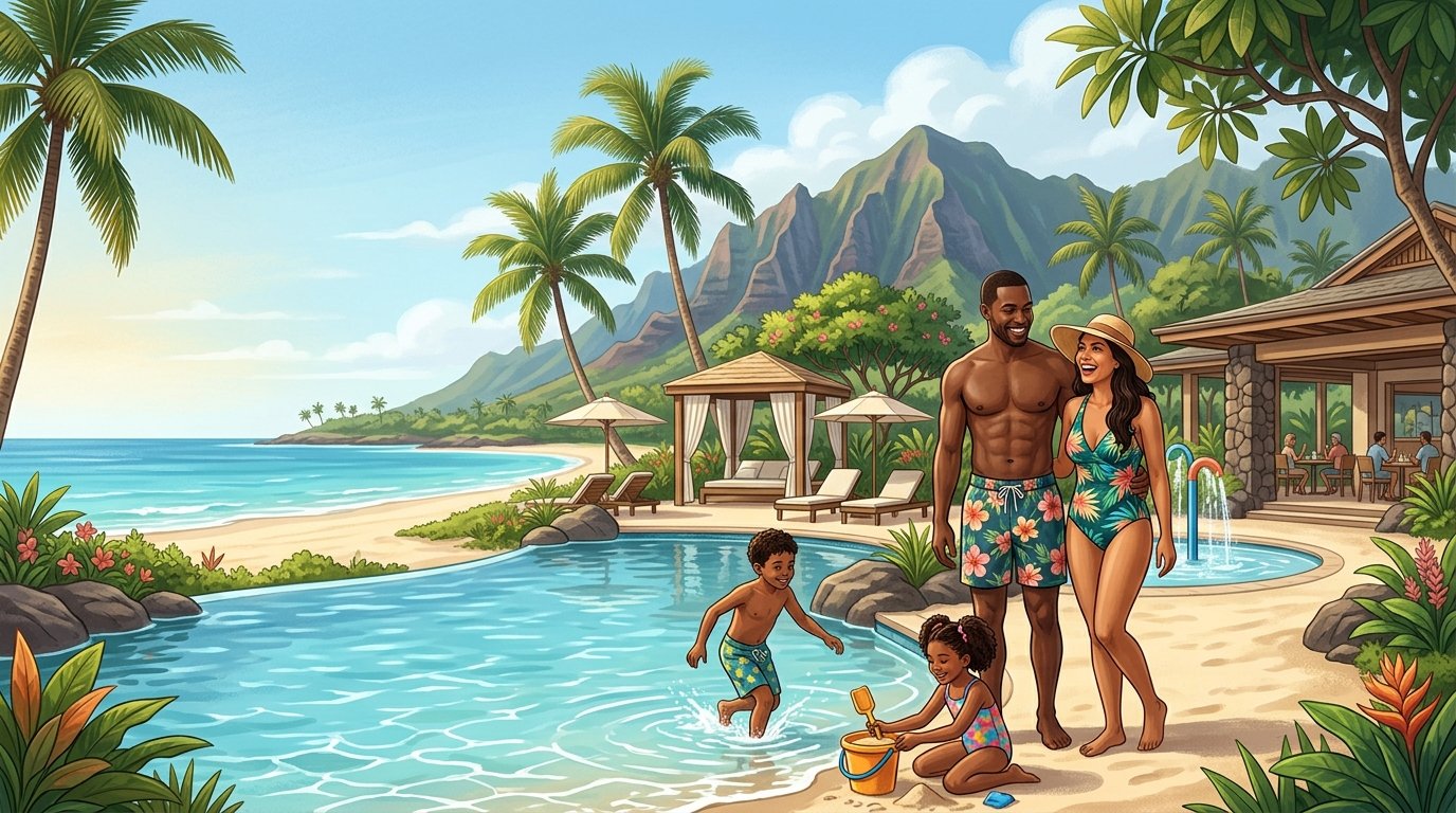 A family relaxing beside a tropical Hawaiian resort pool with a beach, palm trees, and mountains in the background.