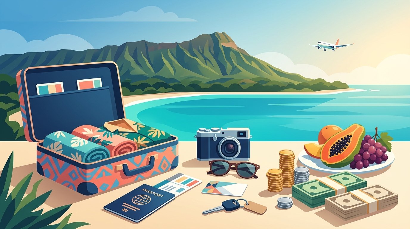 A Hawaiian beach scene with an airplane, suitcase, travel items, and generic money representing trip expenses.