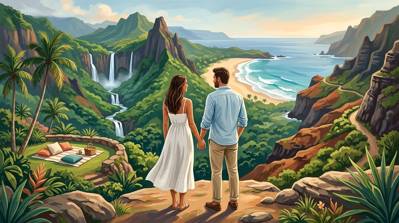 A couple overlooks Kauai's mountains, waterfalls, beaches, and coastal trails while considering their honeymoon options.
