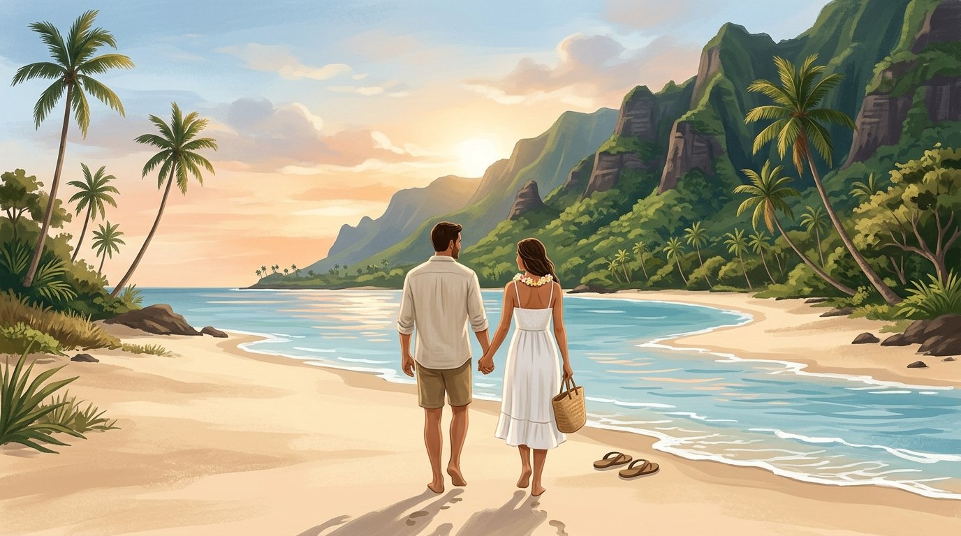 A couple walks hand in hand along a tropical Kauai beach with green mountains and turquoise ocean water.