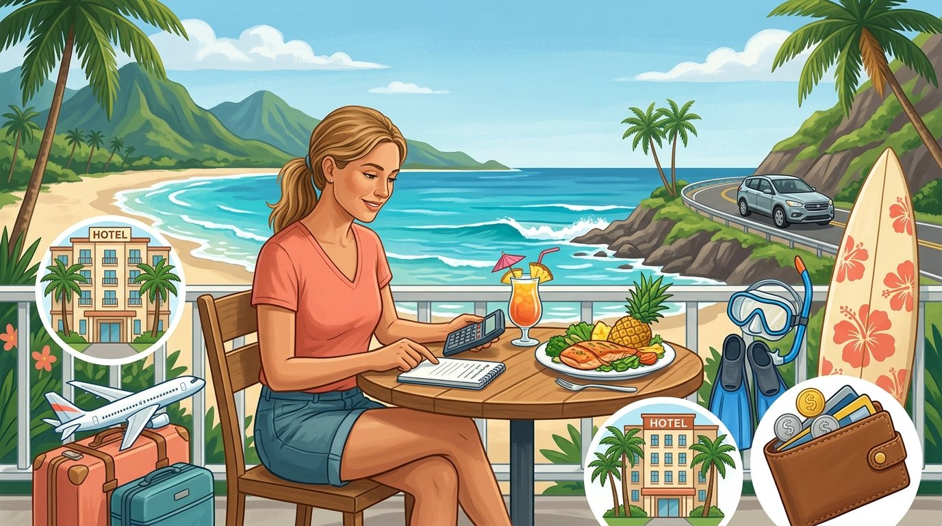 A traveler reviews trip expenses at a table overlooking a Hawaiian beach, with symbols of airfare, lodging, transportation, food, activities, and money nearby.
