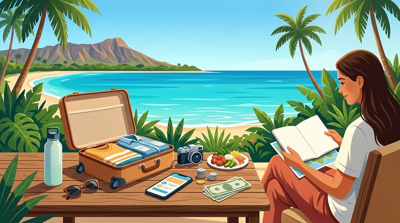 A traveler plans a Hawaii vacation beside a beach with a suitcase, travel items, food, and money.