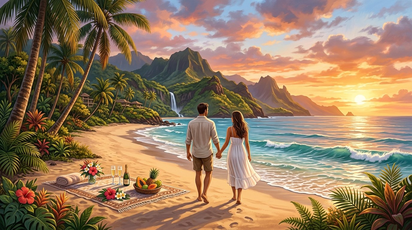 A couple walks hand in hand along a tropical Maui beach at sunset with mountains and a waterfall in the background.