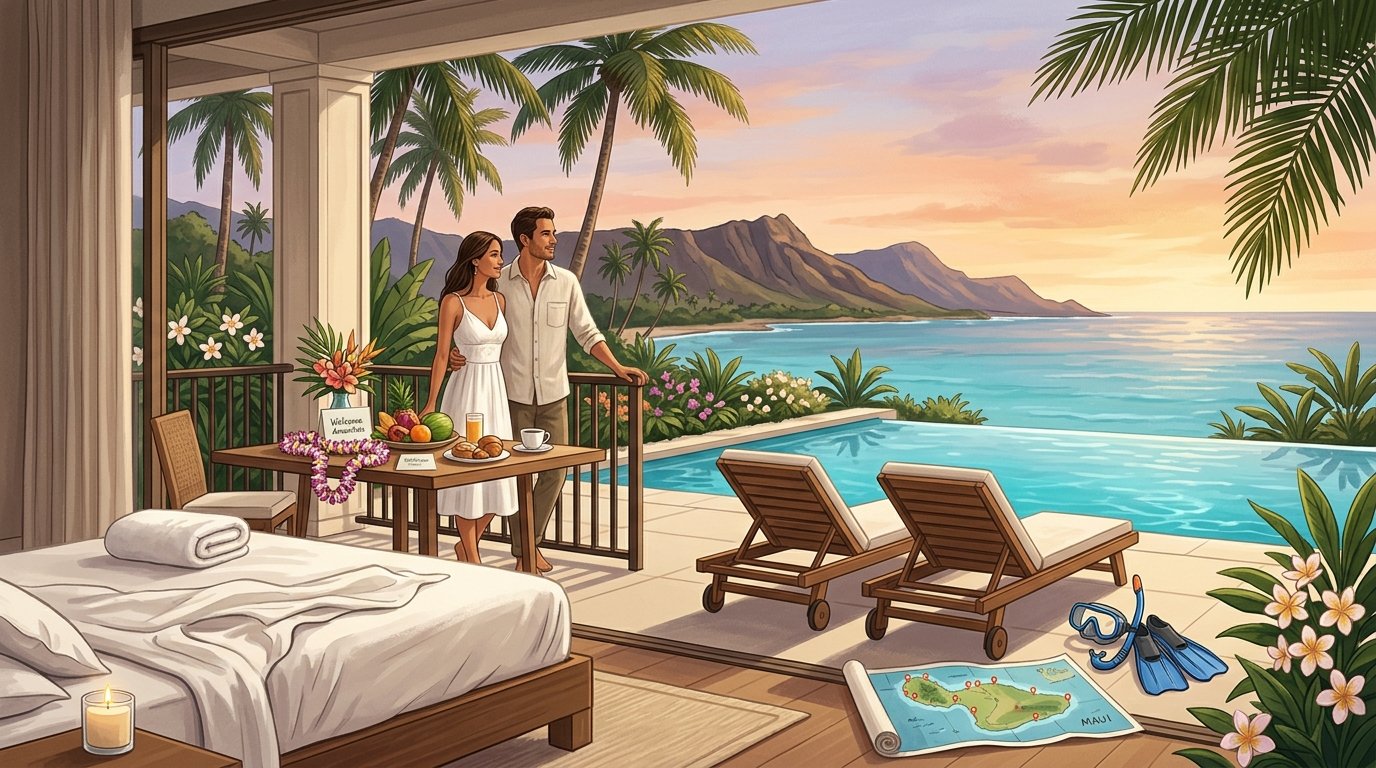 A newlywed couple enjoys a luxurious Maui resort overlooking the ocean, surrounded by tropical amenities and island scenery.
