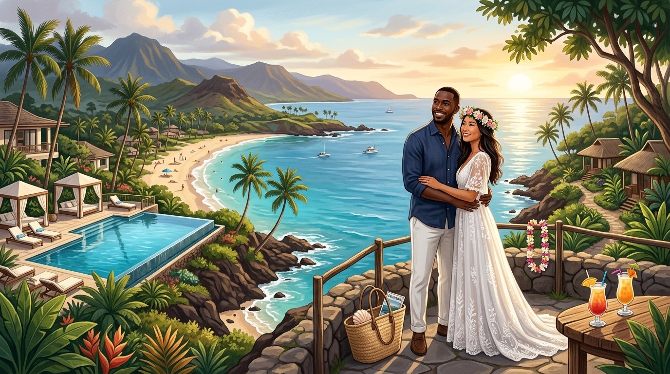 A honeymooning couple overlooks a tropical Maui beach with palm trees, resort amenities, and distant volcanic mountains.